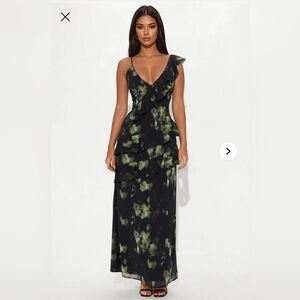 Fashion Nova Elegant Black and Green Ruffle Maxi Dress